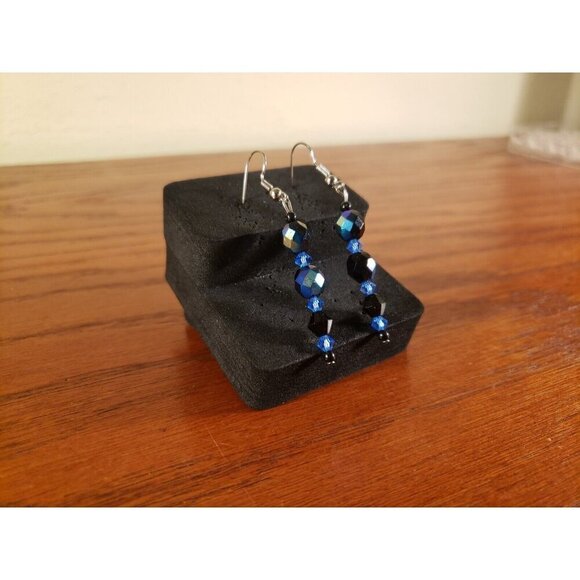 Earrings Crystal Deep Blue Iridescent Retro Style Dangle Drop Vintage New - Picture 1 of 5